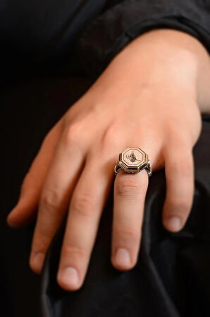 Osmanlı Tuğra Model Yanı Kalkan Desenli Erkek Gümüş Yüzük