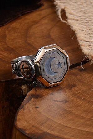 Ay Yıldız Model Yanı Elif Vav Yazılı Erkek Gümüş Yüzük