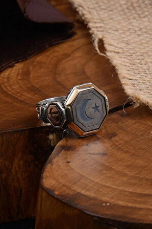 Ay Yıldız Model Yanı Elif Vav Yazılı Erkek Gümüş Yüzük