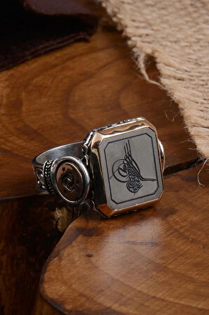 Kare Osmanlı Tuğra Model Yanı Teşkilat-ı Mahsusa Desenli Erkek Gümüş Yüzük