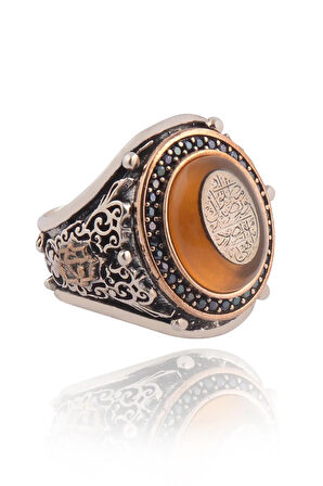 Ilahe Ente Maksudi Ve Rızake Matlubi Duası Yazılı Kehribar Taşlı Erkek Gümüş Yüzük