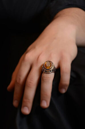 Ilahe Ente Maksudi Ve Rızake Matlubi Duası Yazılı Kehribar Taşlı Erkek Gümüş Yüzük