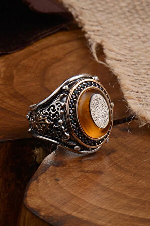 Ilahe Ente Maksudi Ve Rızake Matlubi Duası Yazılı Kehribar Taşlı Erkek Gümüş Yüzük