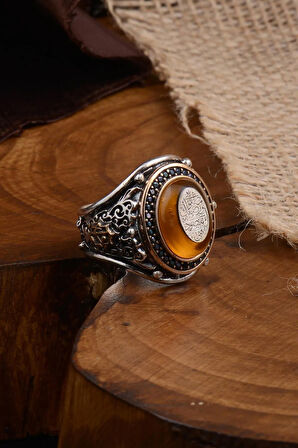 Ilahe Ente Maksudi Ve Rızake Matlubi Duası Yazılı Kehribar Taşlı Erkek Gümüş Yüzük