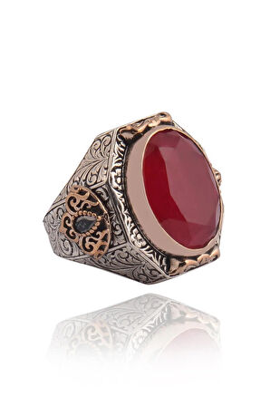 Yakut Garnet Taşlı Yanı Zirkon Taşlı Işlemeli Erkek Gümüş Yüzük