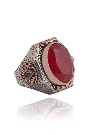 Yakut Garnet Taşlı Yanı Zirkon Taşlı Işlemeli Erkek Gümüş Yüzük