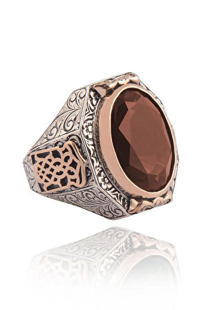 Yakut Garnet Taşlı Yanı Gravür Işlemeli Erkek Gümüş Yüzük