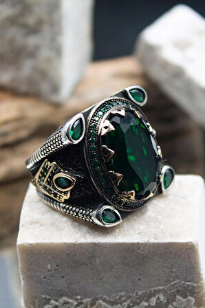 Yeşil Zirkon Taşlı İşlemeli Erkek Gümüş Yüzük Gyzyzkend01ysl