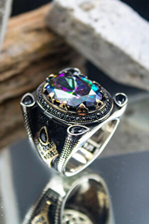 Mistik Topaz Taşlı Yanı Zirkon Taşlı Işlemeli Erkek Gümüş Yüzük Gyzyzkend02-krs