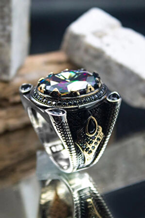 Mistik Topaz Taşlı Yanı Zirkon Taşlı Işlemeli Erkek Gümüş Yüzük Gyzyzkend02-krs