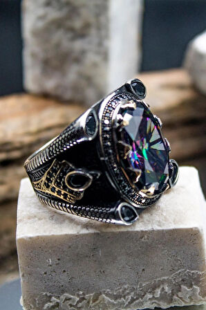 Mistik Topaz Taşlı Yanı Zirkon Taşlı Işlemeli Erkek Gümüş Yüzük Gyzyzkend02-krs