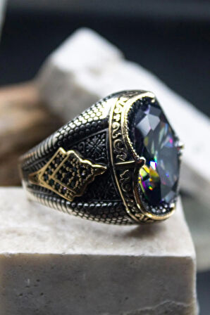 Mistik Topaz Taşlı Yanı Mikro Taşlı İşlemeli Erkek Gümüş Yüzük Gyzyzkend03 Krs