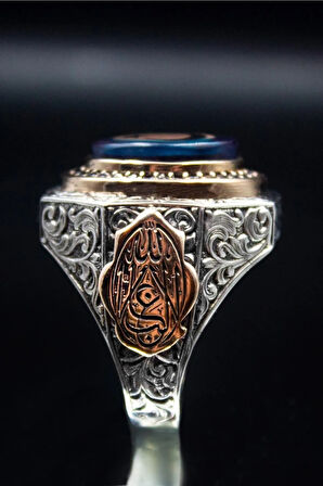 Lacivert Kehribar Taşlı Ayyılıdz Bayrak Işlemeli 925 Ayar Erkek Gümüş Yüzük