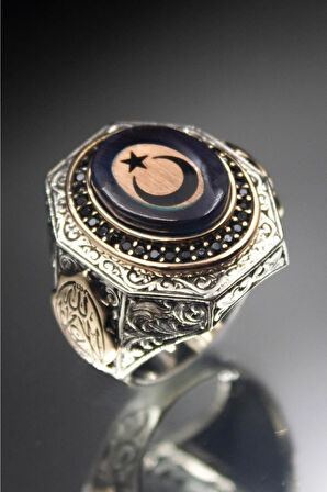 Lacivert Kehribar Taşlı Ayyılıdz Bayrak Işlemeli 925 Ayar Erkek Gümüş Yüzük