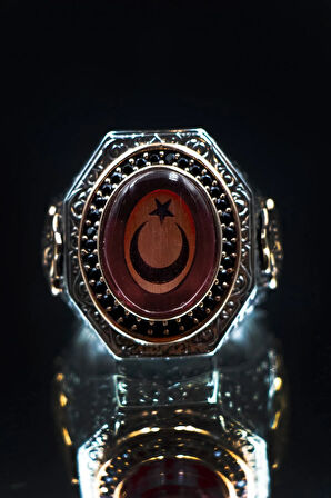 Kehribar Taşlı Ay Yıldız Bayrak Işlemeli 925 Ayar Erkek Gümüş Yüzük