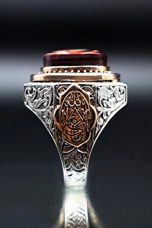 Kehribar Taşlı Ay Yıldız Bayrak Işlemeli 925 Ayar Erkek Gümüş Yüzük