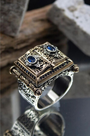 Kitab-ı Kut Safir Taşlı Tesbih Motifli Özel Seri Koleksyonluk 925 Ayar Gümüş Erkek Yüzük