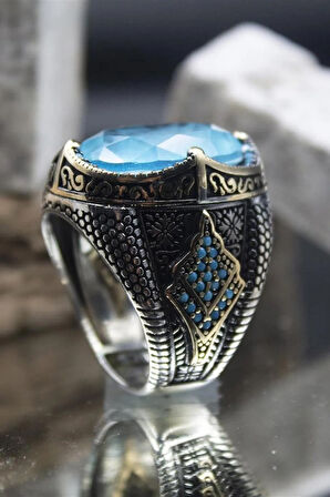 Mavi Paraiba Taşlı Ve Firuze Süslemeli Yanları Işlemeli Oval 925 Ayar Gümüş Erkek Yüzük