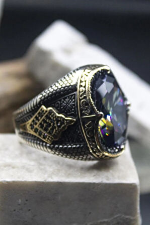 Mistik Topaz Taşlı Yanı Markazit Süslemeli Erkek 925 Ayar Gümüş Yüzük