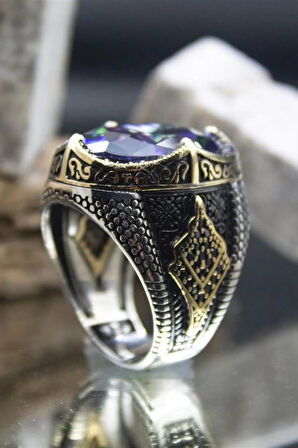 Mistik Topaz Taşlı Yanı Markazit Süslemeli Erkek 925 Ayar Gümüş Yüzük