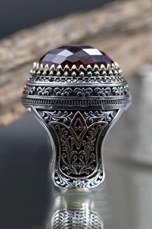 Kırmızı Zirkon Taşlı Ay Yıldız Desenli Yanı Lale Motif Erkek 925 Ayar Gümüş Yüzük Gyzendzıray-krm