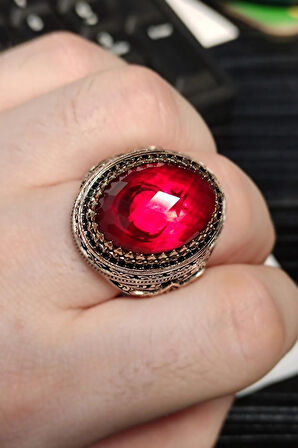 Kırmızı Zirkon Taşlı Ay Yıldız Desenli Yanı Lale Motif Erkek 925 Ayar Gümüş Yüzük Gyzendzıray-krm