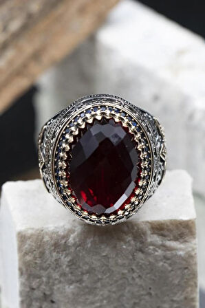 Kırmızı Zirkon Taşlı Ay Yıldız Desenli Yanı Lale Motif Erkek 925 Ayar Gümüş Yüzük Gyzendzıray-krm