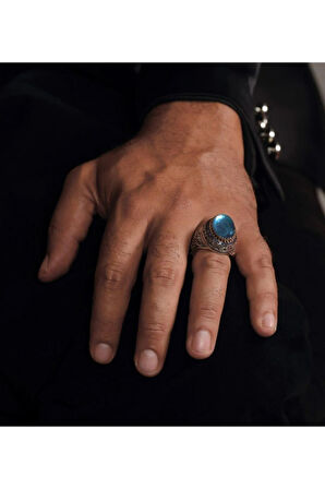 Aquramarin Erkek 925 Ayar Gümüş Yüzük Gyz0parabıa-mav