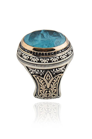 Mavi Paraiba Taşlı Yanları Lale Motifli 925 Ayar Gümüş Erkek Yüzük 18gr