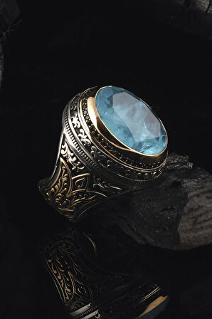 Mavi Paraiba Taşlı Yanları Lale Motifli 925 Ayar Gümüş Erkek Yüzük 18gr