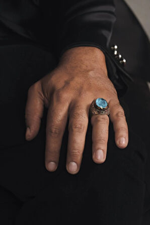 Mavi Paraiba Taşlı Yanları Lale Motifli 925 Ayar Gümüş Erkek Yüzük 18gr