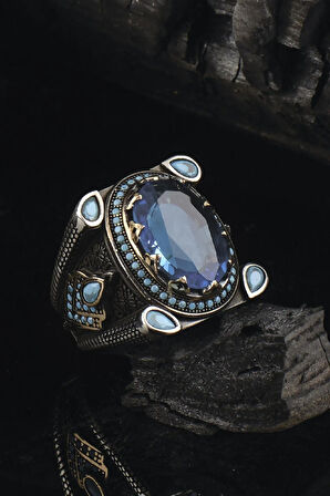 Safir Taşlı Yanı Turkuaz Taşlı Işlemeli Erkek Gümüş Yüzük Gyzmavızrcn-gms