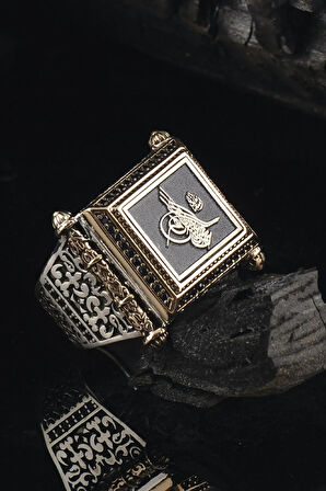 Osmanlı Tuğralı Yanı Işlemeli 925 Ayar Erkek Gümüş Yüzük Gyzosmntgra-gms