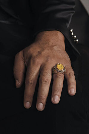 Sarı Parabia Taşlı 925 Ayar Erkek Gümüş Yüzük Gyzsarıpara-gms