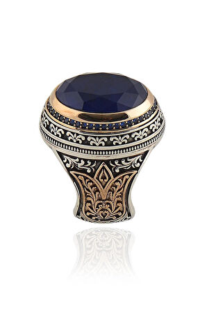 Mavi Zirkon Taşlı Yanları Motifli Erkek 925 Ayar Gümüş Yüzük Gyzmavızırc-gms