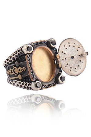 Siyah Zirkon Taşlı Kare Model Ay Yıldız Içi Açılabilen Erkek 925 Ayar Gümüş Yüzük Gyzkaremdlz-gms