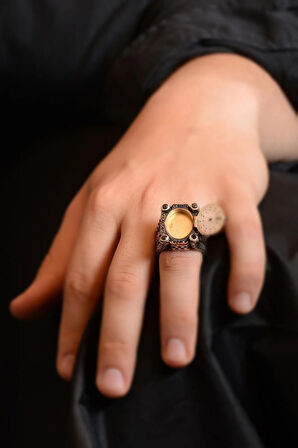 Siyah Zirkon Taşlı Kare Model Ay Yıldız Içi Açılabilen Erkek 925 Ayar Gümüş Yüzük Gyzkaremdlz-gms