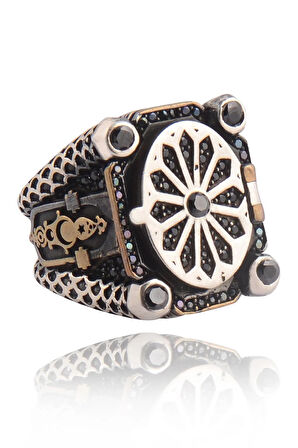 Siyah Zirkon Taşlı Kare Model Ay Yıldız Içi Açılabilen Erkek 925 Ayar Gümüş Yüzük Gyzkaremdlz-gms