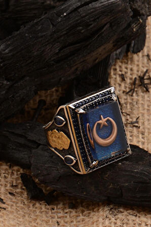 Mineli Ayyıldız İşlemeli Mavi Zirkon Taş Süslemeli 925 Ayar Gümüş Erkek Yüzük