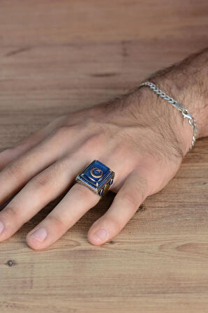 Mineli Ayyıldız İşlemeli Mavi Zirkon Taş Süslemeli 925 Ayar Gümüş Erkek Yüzük