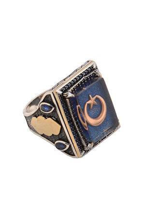 Mineli Ayyıldız İşlemeli Mavi Zirkon Taş Süslemeli 925 Ayar Gümüş Erkek Yüzük