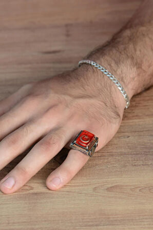 Mineli Ayyıldız İşlemeli Kırmızı Zirkon Taş Süslemeli 925 Ayar Gümüş Erkek Yüzük Gyzayyldızk-krm