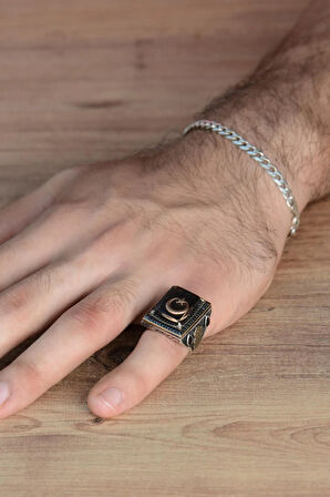 Mineli Ayyıldız Işlemeli Siyah Zirkon Taş Süslemeli 925 Ayar Gümüş Erkek Yüzük Gyzayyıldzs-syh