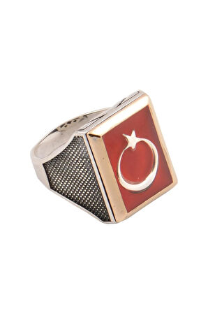 Ayyıldız Bayrak Motif Yanı Nokta Desen 925 Ayar Gümüş Erkek Yüzük Gyzayyldızy-gms