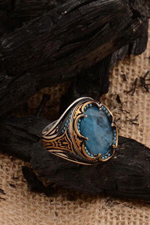 Mavi Paraiba Taşlı Kenarları Zirkon İşlemeli Erkek 925 Ayar Gümüş Yüzük Gyzparbıayz-mav