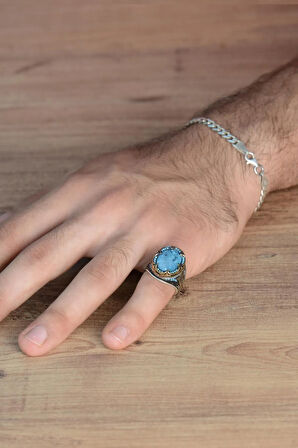 Mavi Paraiba Taşlı Kenarları Zirkon İşlemeli Erkek 925 Ayar Gümüş Yüzük Gyzparbıayz-mav