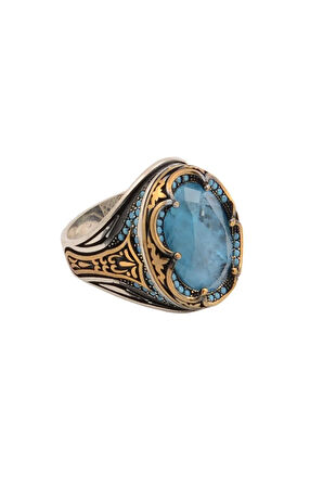 Mavi Paraiba Taşlı Kenarları Zirkon İşlemeli Erkek 925 Ayar Gümüş Yüzük Gyzparbıayz-mav