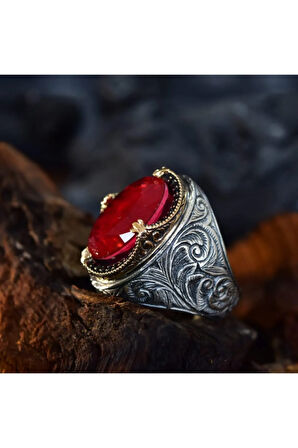 Kırmızı Paraiba Taşlı Erzurum Kalem Işlemeli Gümüş Erkek Yüzük Gyzsarıkhrb-gms
