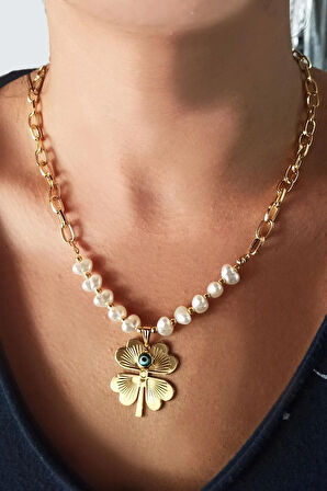 Gold Kaplama Altın Renk Inci Kalpli Nazar Boncuklu Yonca Bijuteri Zincirli Kolye