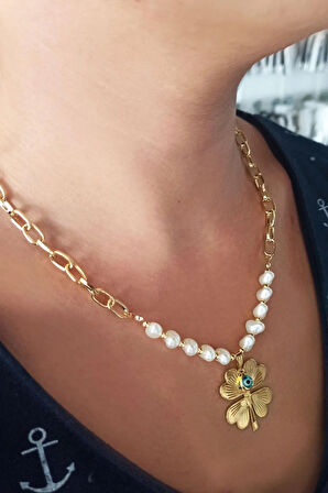 Gold Kaplama Altın Renk Inci Kalpli Nazar Boncuklu Yonca Bijuteri Zincirli Kolye